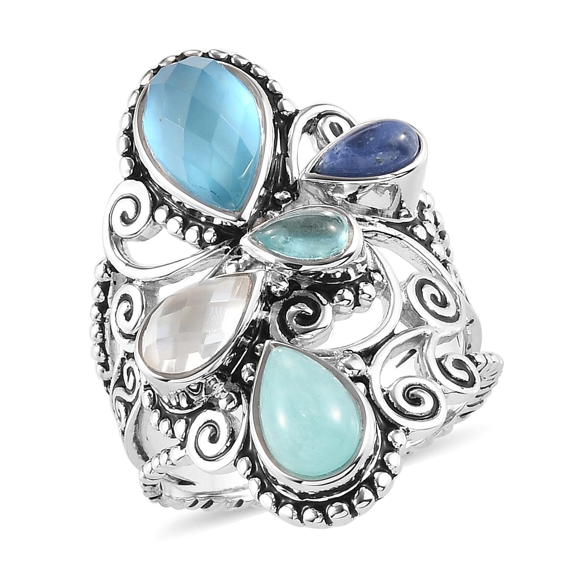 Sajen Silver ILLUMINATION COLLECTION - Quartz Doublet Celestial Mop Scuba,Multi Gemstones Ring in Rhodium Overlay Sterling Silver 3.55 Ct,  Silver Wt. 7.23 Gms