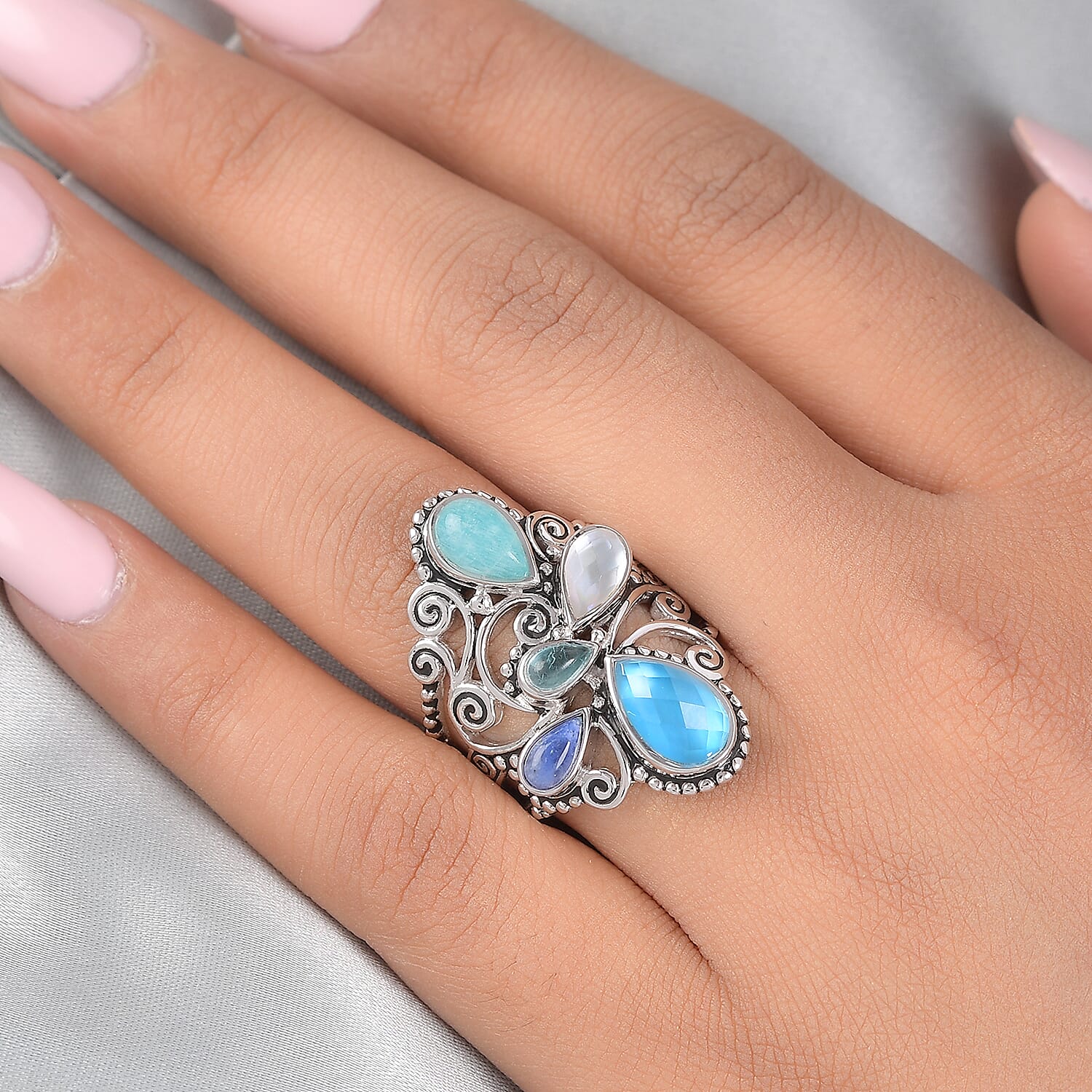 Sajen Silver ILLUMINATION COLLECTION - Quartz Doublet Celestial Mop Scuba,Multi Gemstones Ring in Rhodium Overlay Sterling Silver 3.55 Ct,  Silver Wt. 7.23 Gms