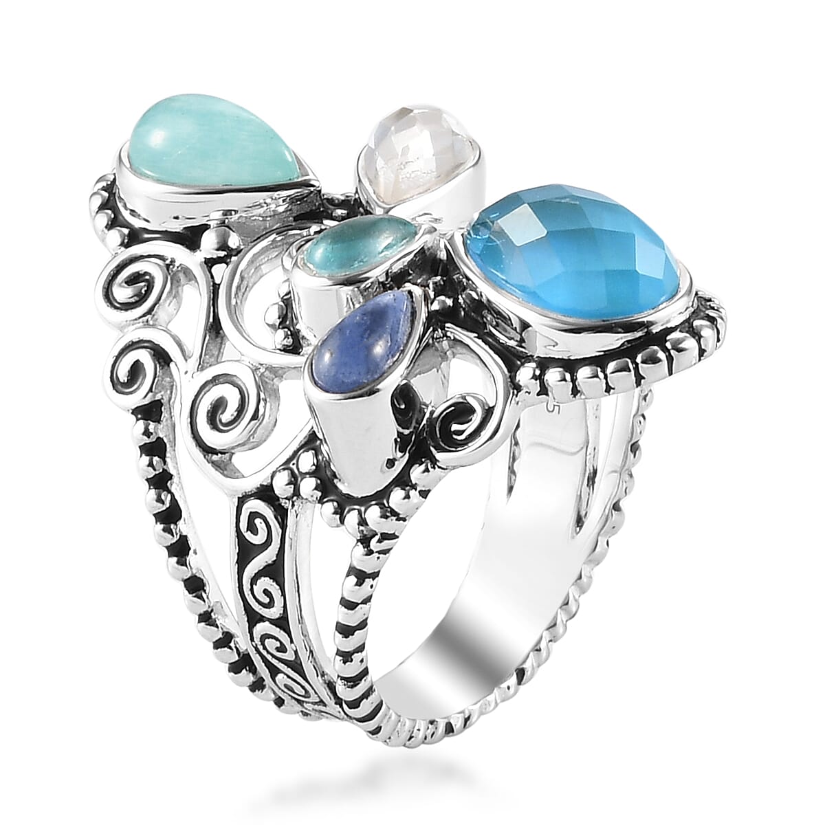Sajen Silver ILLUMINATION COLLECTION - Quartz Doublet Celestial Mop Scuba,Multi Gemstones Ring in Rhodium Overlay Sterling Silver 3.55 Ct,  Silver Wt. 7.23 Gms