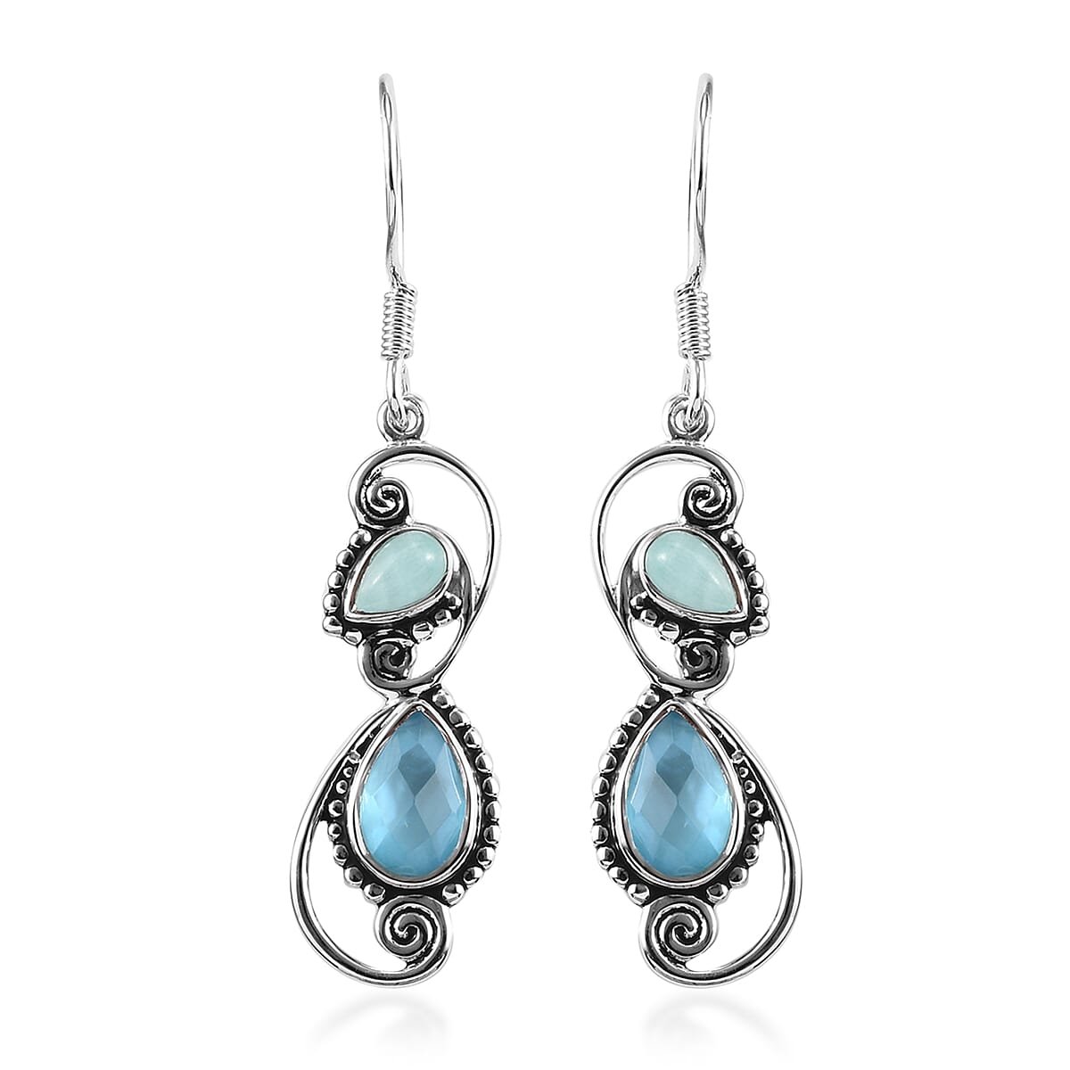 Sajen Silver - Natural Amazonite and Quartz Doublet Celestial Mop Scuba Enamelled Hook Earrings in Rhodium Overlay Sterling Silver 2.00 Ct.