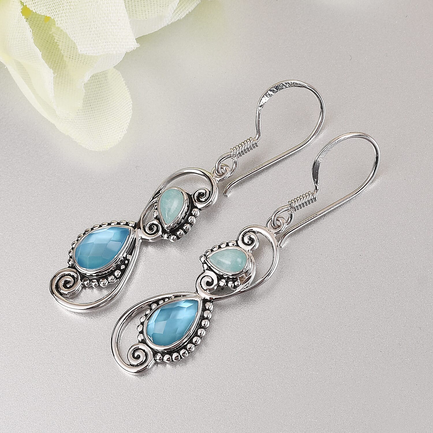 Sajen Silver - Natural Amazonite and Quartz Doublet Celestial Mop Scuba Enamelled Hook Earrings in Rhodium Overlay Sterling Silver 2.00 Ct.