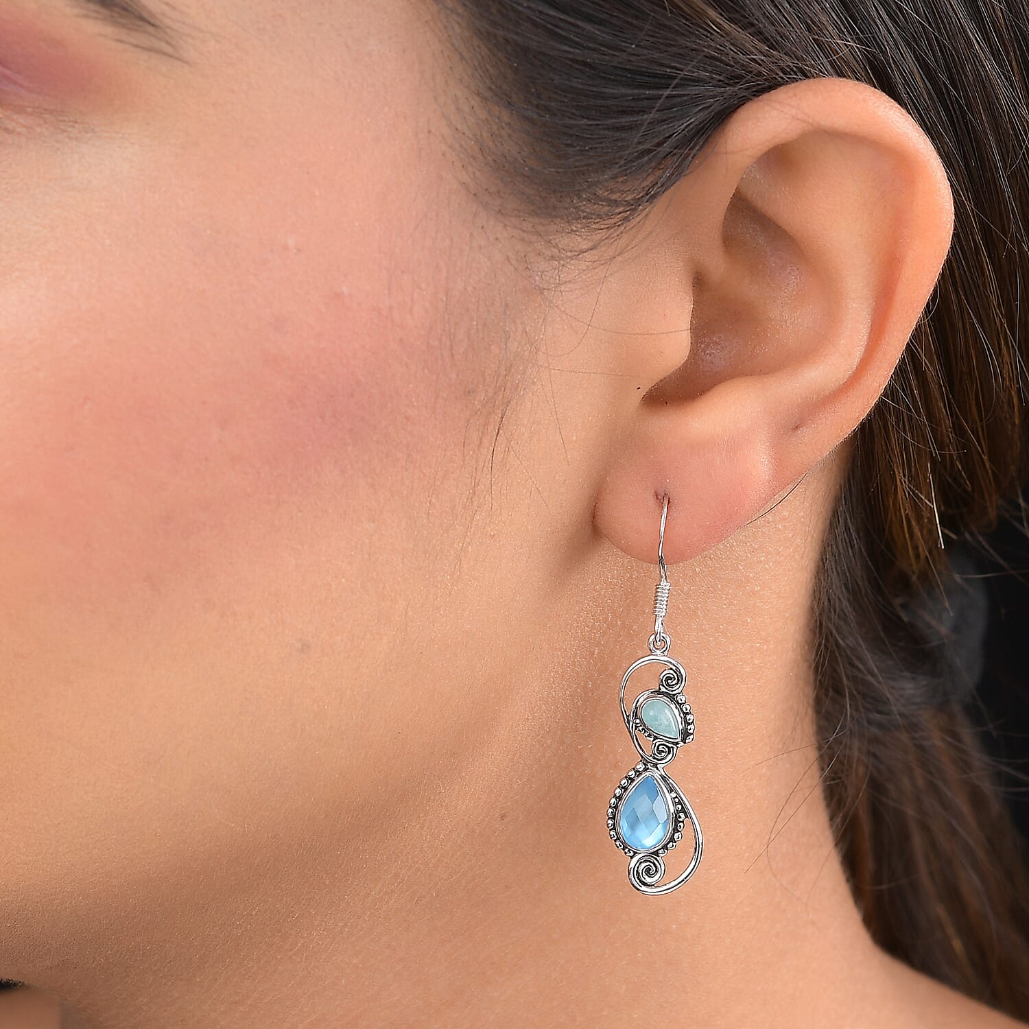 Sajen Silver - Natural Amazonite and Quartz Doublet Celestial Mop Scuba Enamelled Hook Earrings in Rhodium Overlay Sterling Silver 2.00 Ct.