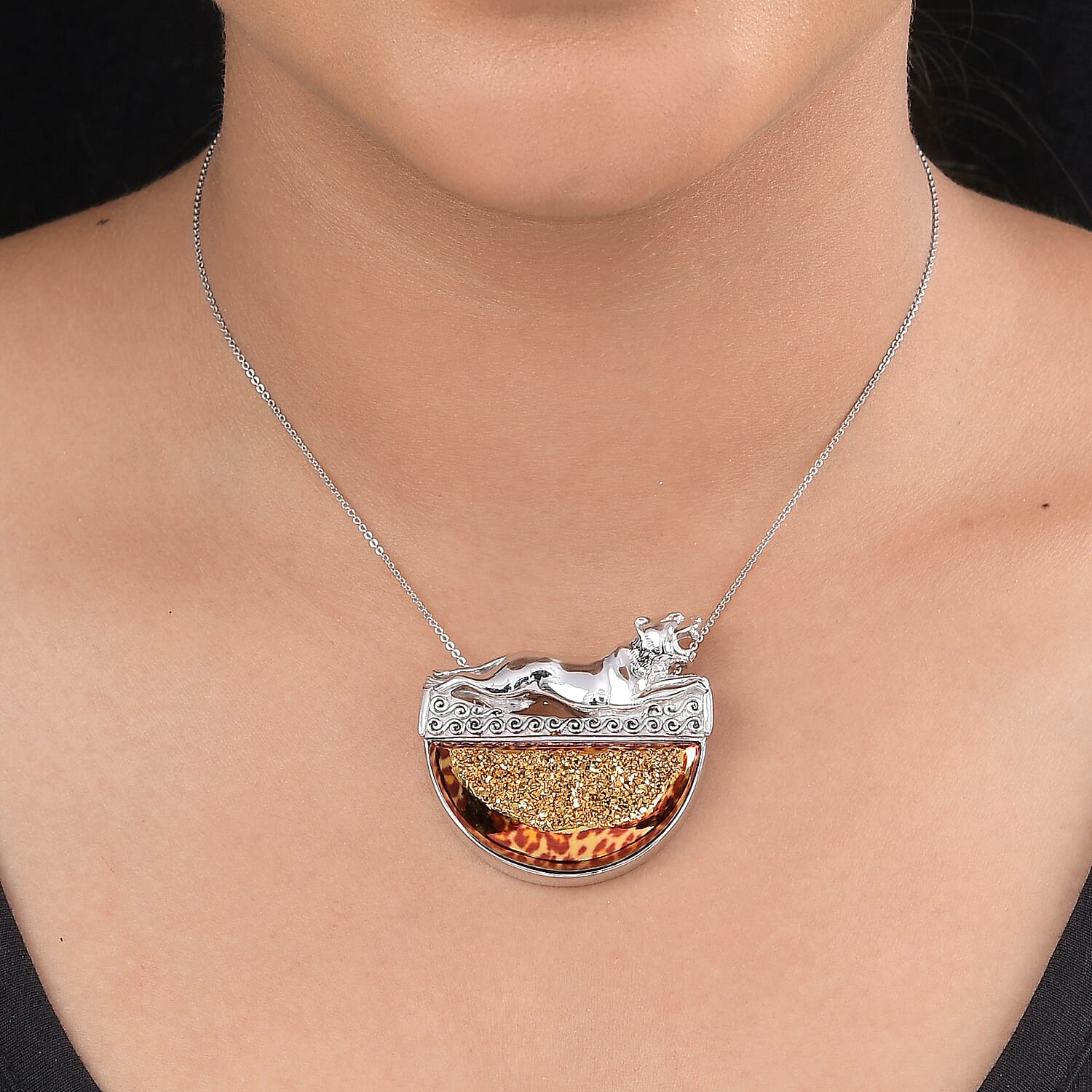 Sajen Silver Leopard Gold Druzy Collection - Window Drusy Astral Leopard Gold  Pendant in Rhodium Overlay Sterling Silver 60.40 ct,  Sliver Wt. 10 Gms