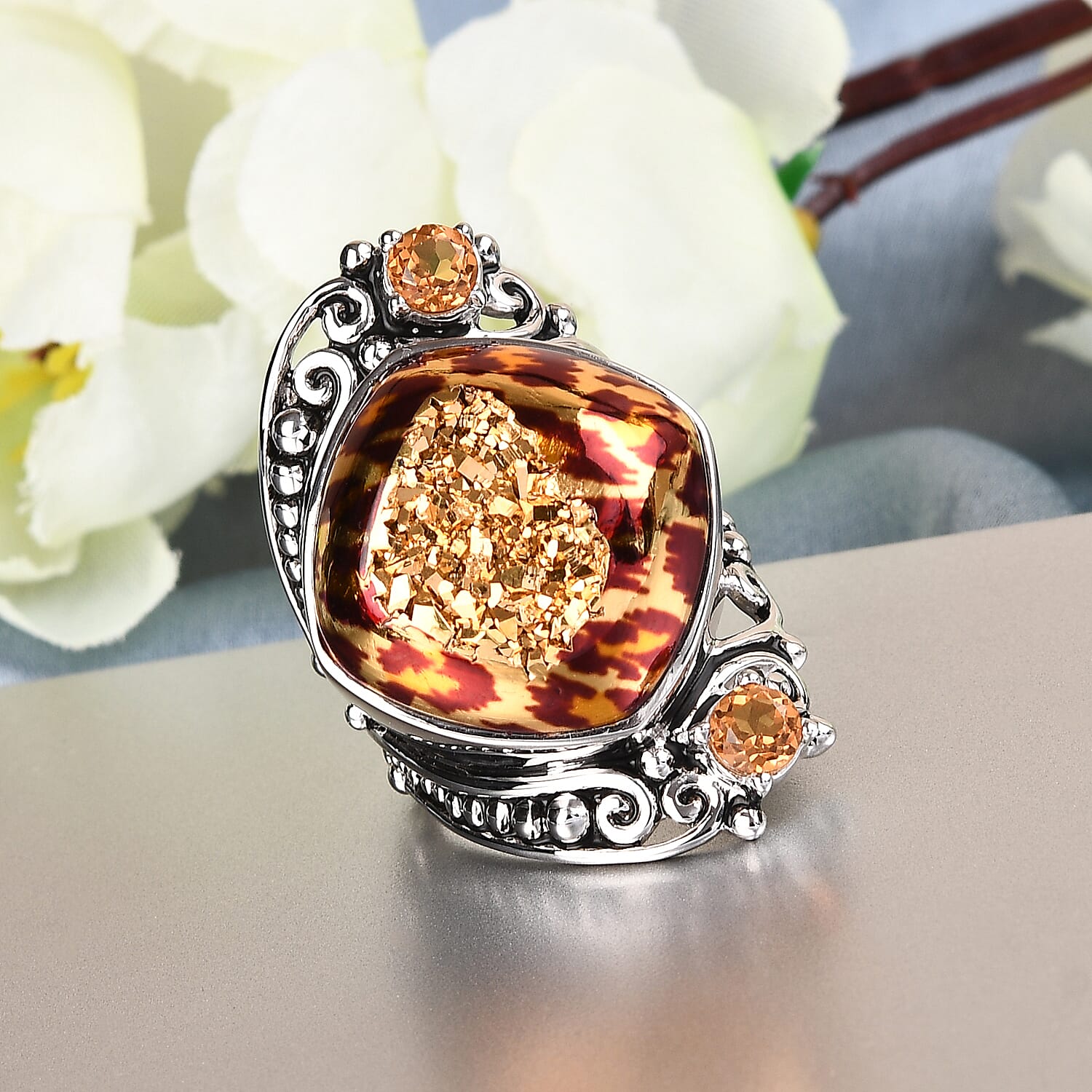 Sajen Silver Leopard Gold Druzy Collection  - Agate, Quartz Doublet Ring in Rhodium Overlay Sterling Silver 24.40 Ct,  Silver Wt. 10.50 Gms