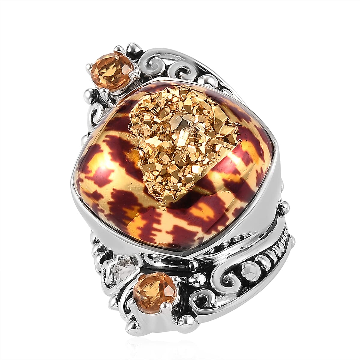 Sajen Silver Leopard Gold Druzy Collection  - Agate, Quartz Doublet Ring in Rhodium Overlay Sterling Silver 24.40 Ct,  Silver Wt. 10.50 Gms