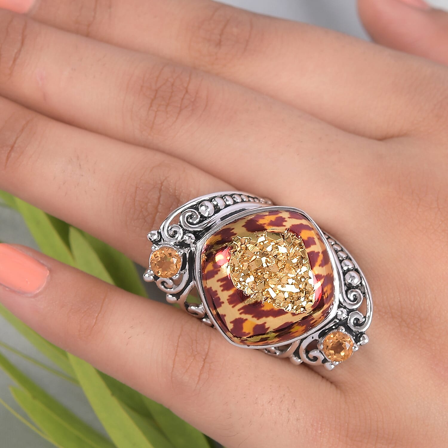 Sajen Silver Leopard Gold Druzy Collection  - Agate, Quartz Doublet Ring in Rhodium Overlay Sterling Silver 24.40 Ct,  Silver Wt. 10.50 Gms