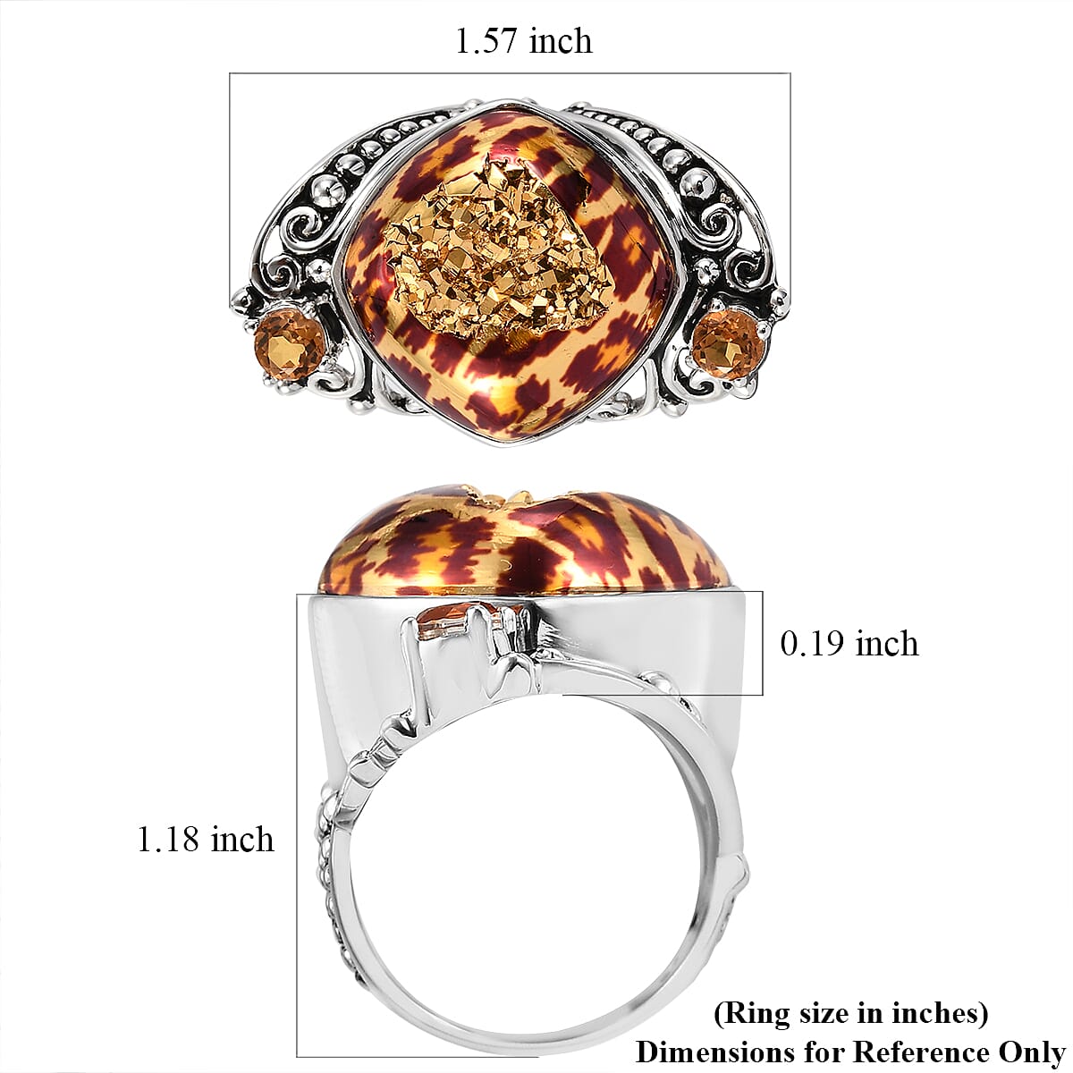Sajen Silver Leopard Gold Druzy Collection  - Agate, Quartz Doublet Ring in Rhodium Overlay Sterling Silver 24.40 Ct,  Silver Wt. 10.50 Gms