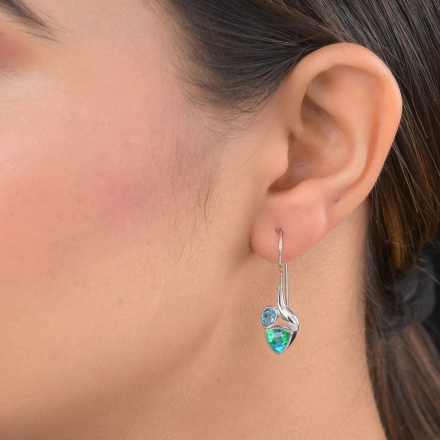 Sajen Silver CULTURAL FLAIR Collection- Quartz Doublet Rainbow Carribean, Quartz Doublet Celestial Swiss Blue Peacock Earrings in Rhodium Overlay Sterling Silver 5.95 Ct.