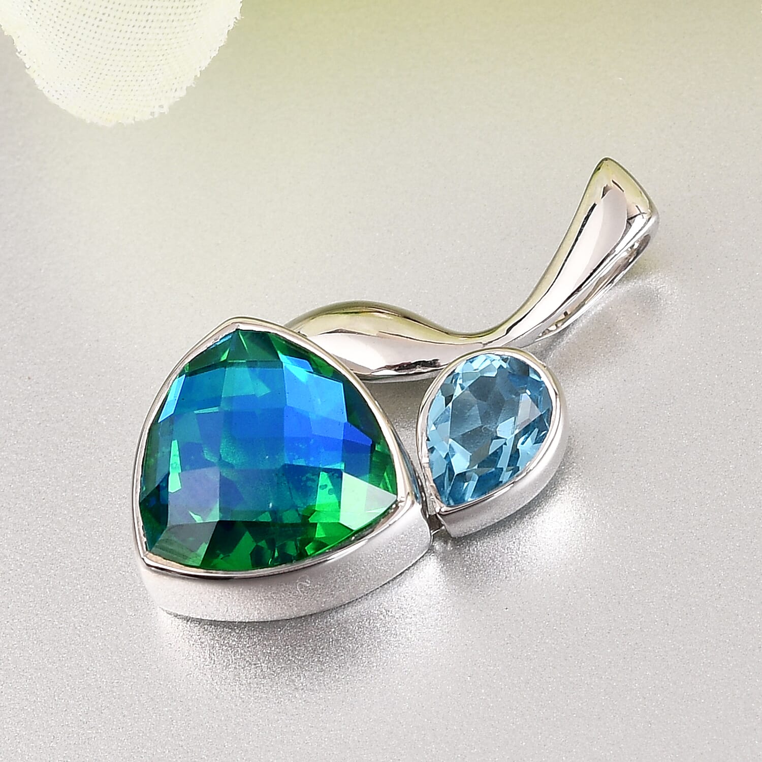 Sajen Silver CULTURAL FLAIR Collection- Celestial Swiss Blue Mystic Quartz, Peacock Triplet Quartz Pendant in Rhodium Overlay Sterling Silver 5.95 Ct.