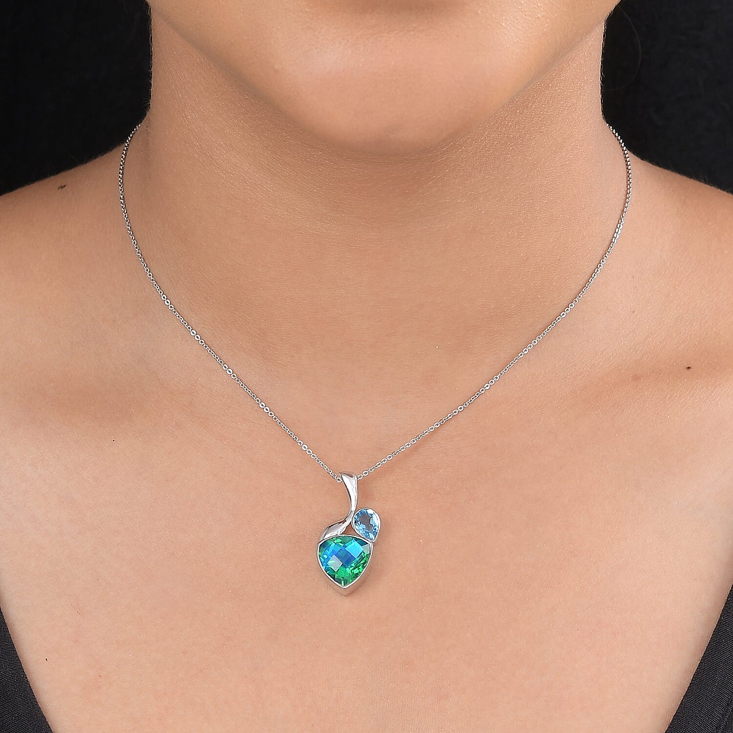 Sajen Silver CULTURAL FLAIR Collection- Celestial Swiss Blue Mystic Quartz, Peacock Triplet Quartz Pendant in Rhodium Overlay Sterling Silver 5.95 Ct.