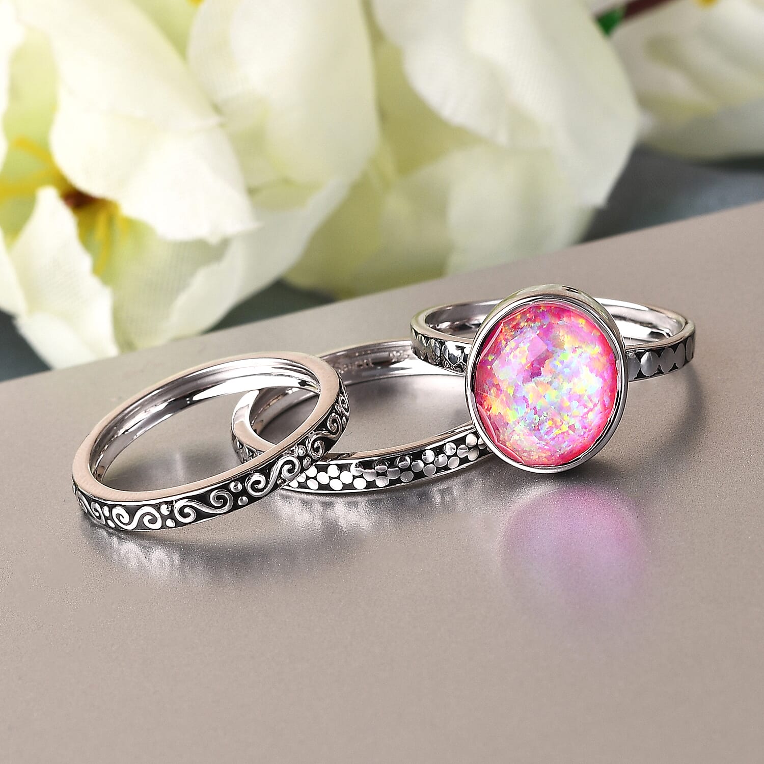 Royal Bali Cultural Flair Collection - Set of 3 Quartz Doublet Simulated Opal Pink Ring in Rhodium Overlay Sterling Silver 3.10 Ct,  Silver Wt. 6.0 Gms