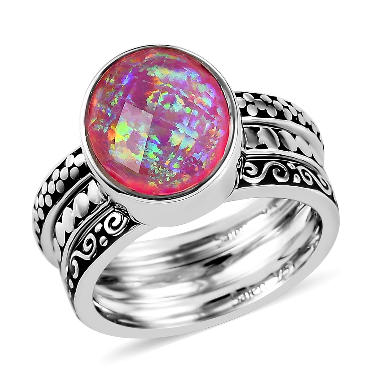 Royal Bali Cultural Flair Collection - Set of 3 Quartz Doublet Simulated Opal Pink Ring in Rhodium Overlay Sterling Silver 3.10 Ct,  Silver Wt. 6.0 Gms