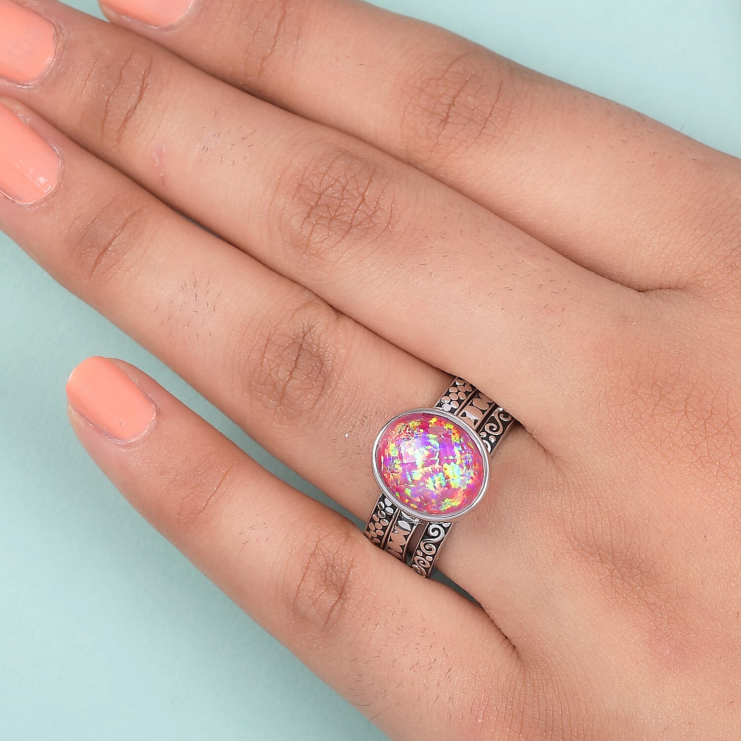 Royal Bali Cultural Flair Collection - Set of 3 Quartz Doublet Simulated Opal Pink Ring in Rhodium Overlay Sterling Silver 3.10 Ct,  Silver Wt. 6.0 Gms