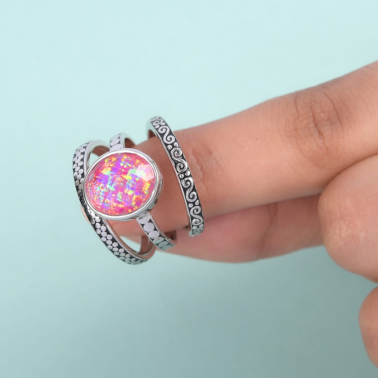 Royal Bali Cultural Flair Collection - Set of 3 Quartz Doublet Simulated Opal Pink Ring in Rhodium Overlay Sterling Silver 3.10 Ct,  Silver Wt. 6.0 Gms