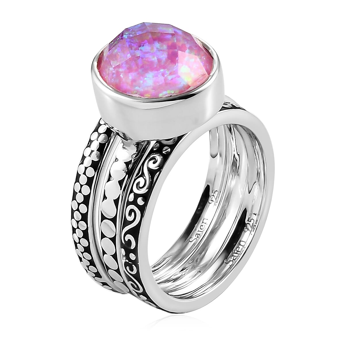 Royal Bali Cultural Flair Collection - Set of 3 Quartz Doublet Simulated Opal Pink Ring in Rhodium Overlay Sterling Silver 3.10 Ct,  Silver Wt. 6.0 Gms