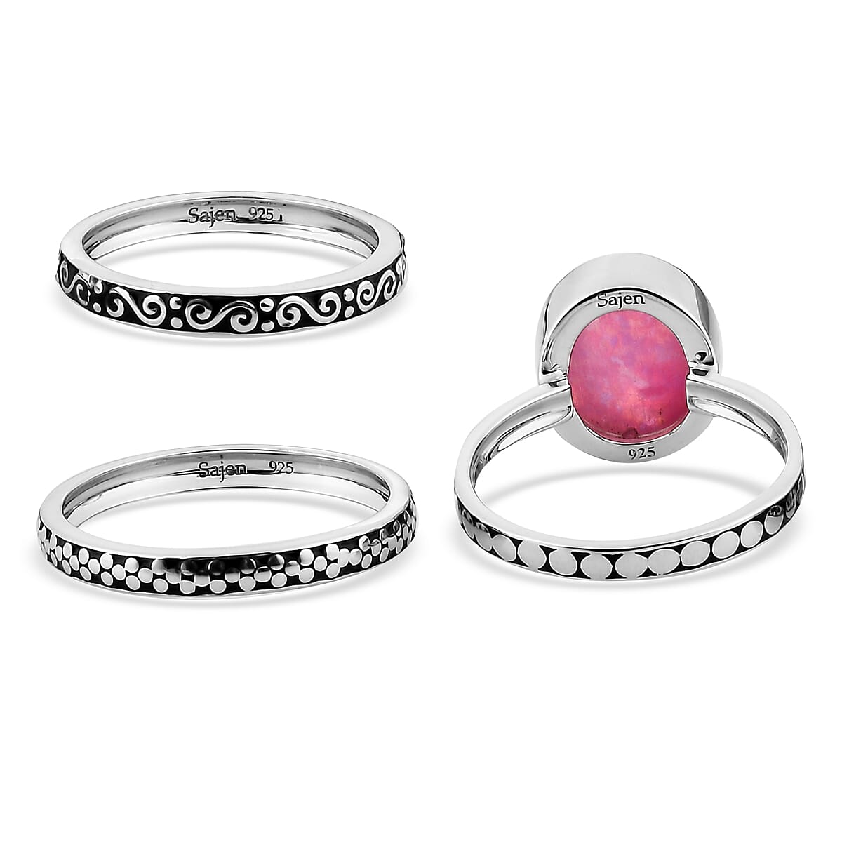Royal Bali Cultural Flair Collection - Set of 3 Quartz Doublet Simulated Opal Pink Ring in Rhodium Overlay Sterling Silver 3.10 Ct,  Silver Wt. 6.0 Gms
