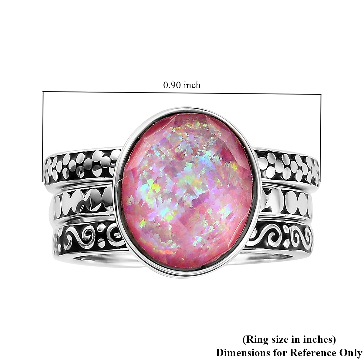 Royal Bali Cultural Flair Collection - Set of 3 Quartz Doublet Simulated Opal Pink Ring in Rhodium Overlay Sterling Silver 3.10 Ct,  Silver Wt. 6.0 Gms