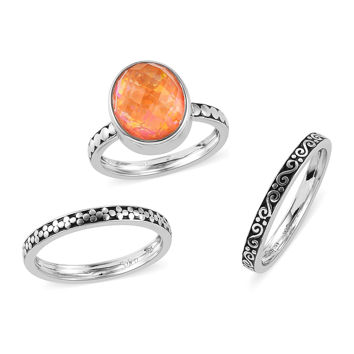 Sajen Silver Cultural Flair Collection - Set of 3 Quartz Doublet Simulated Opal Fire Ring in Rhodium Overlay Sterling Silver 3.10 Ct,  Silver Wt. 6.00 Gms