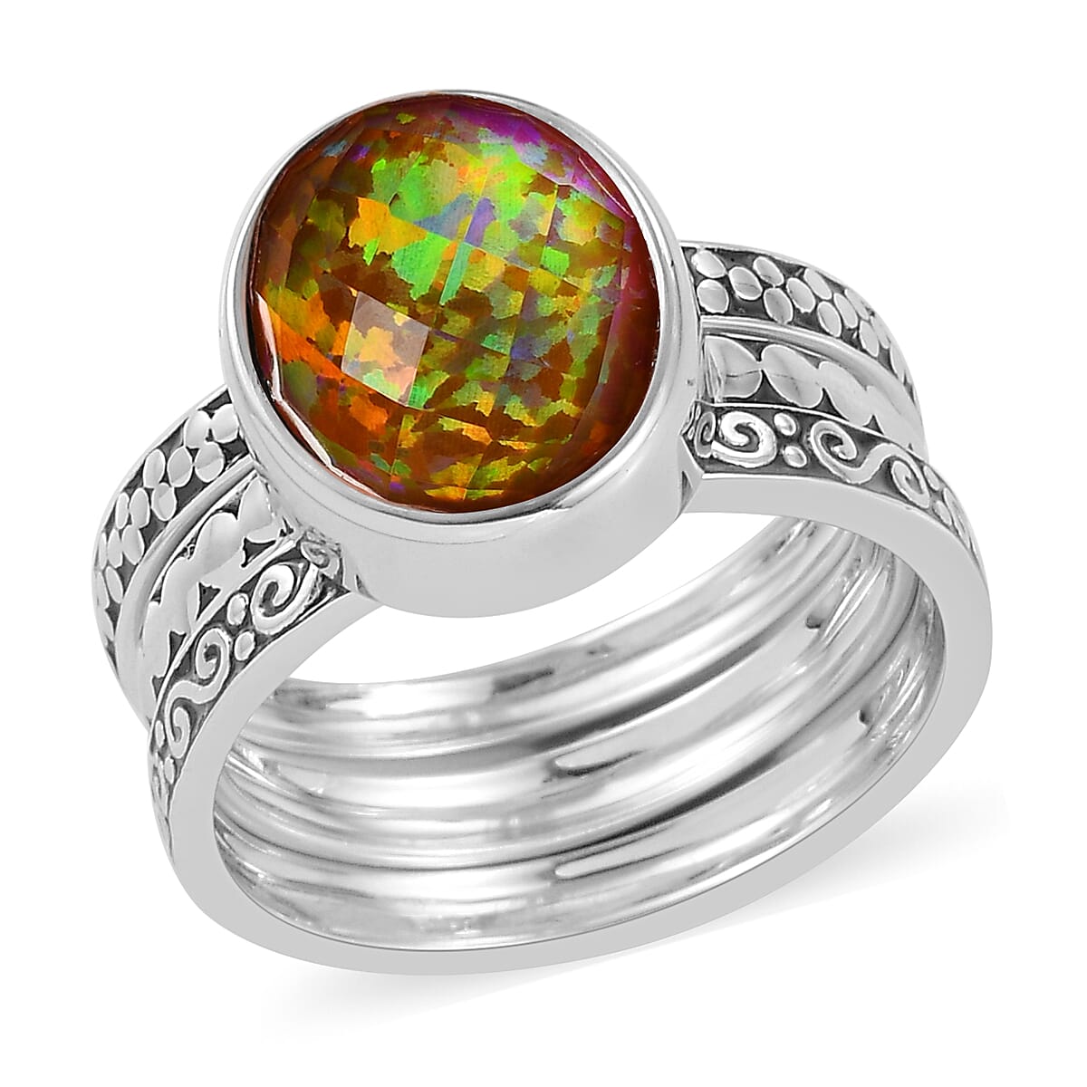 Sajen Silver Cultural Flair Collection - Set of 3 Quartz Doublet Simulated Opal Fire Ring in Rhodium Overlay Sterling Silver 3.10 Ct,  Silver Wt. 6.00 Gms