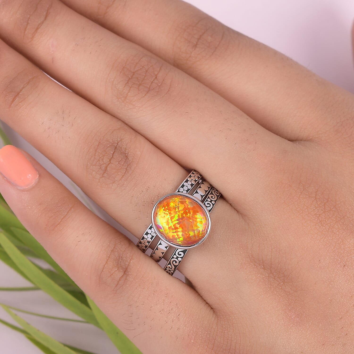 Sajen Silver Cultural Flair Collection - Set of 3 Quartz Doublet Simulated Opal Fire Ring in Rhodium Overlay Sterling Silver 3.10 Ct,  Silver Wt. 6.00 Gms