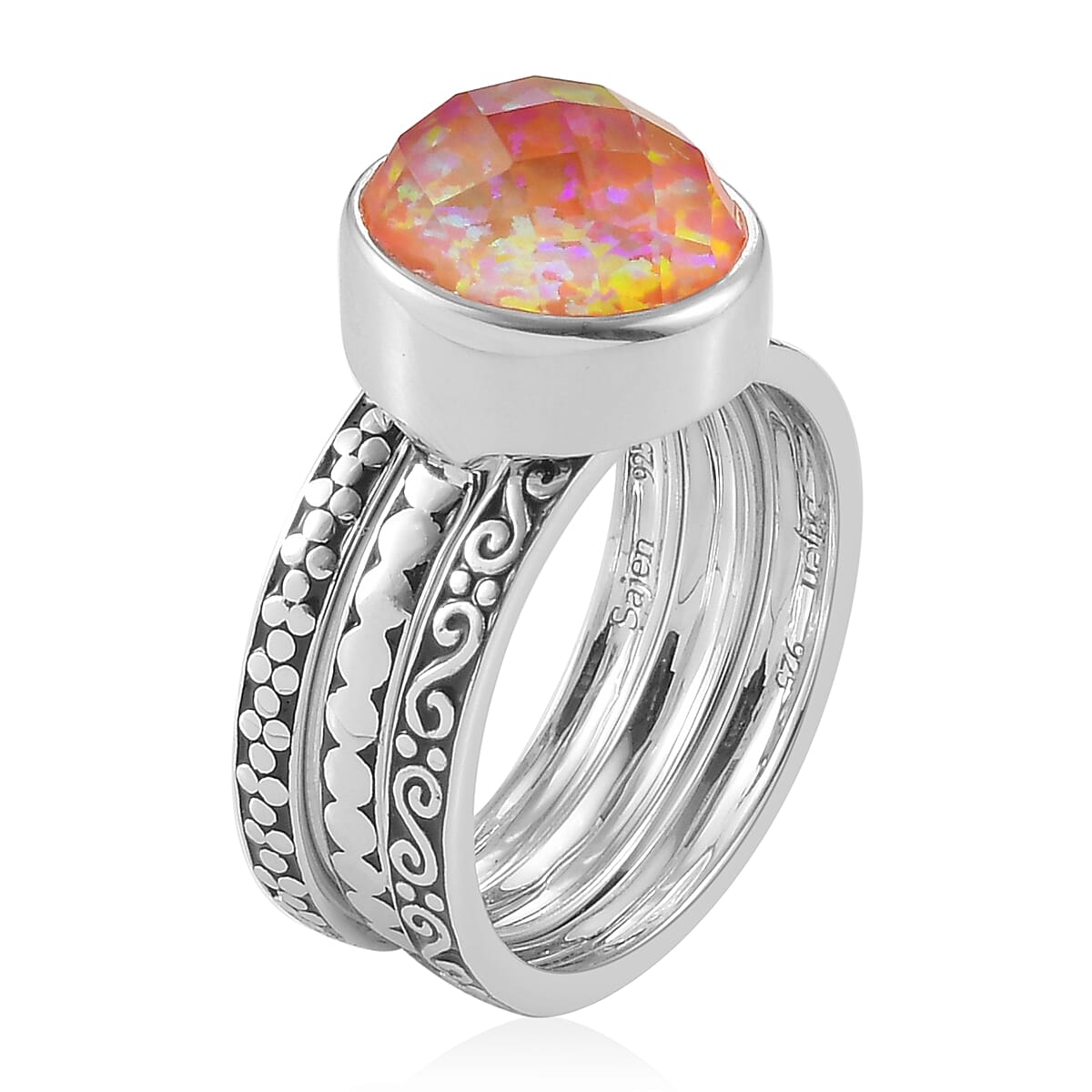 Sajen Silver Cultural Flair Collection - Set of 3 Quartz Doublet Simulated Opal Fire Ring in Rhodium Overlay Sterling Silver 3.10 Ct,  Silver Wt. 6.00 Gms