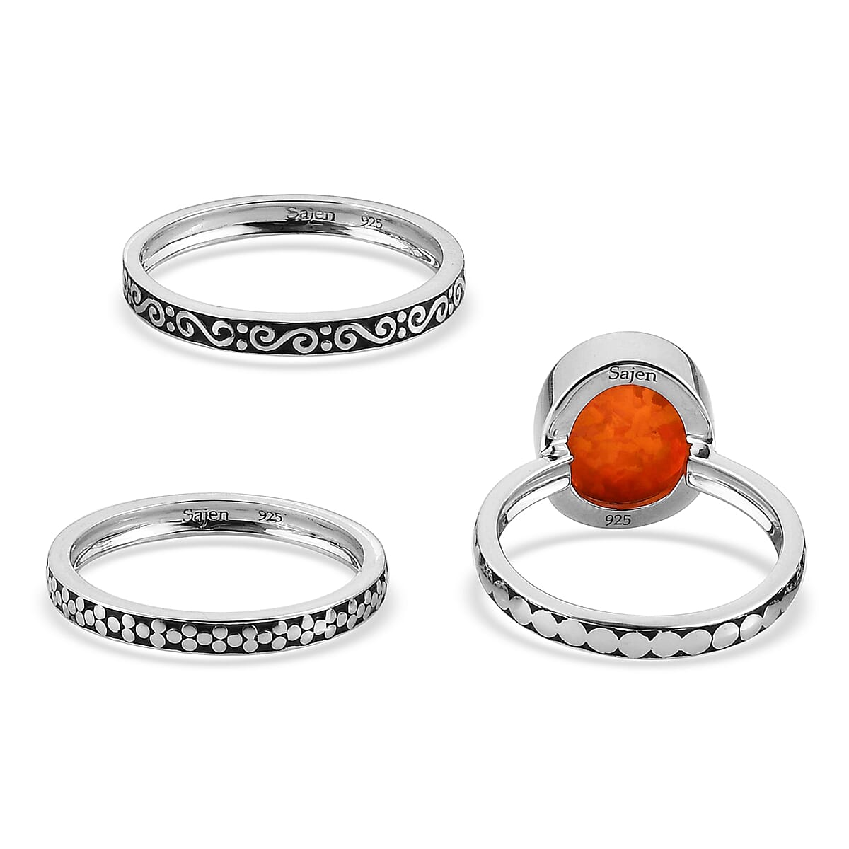 Sajen Silver Cultural Flair Collection - Set of 3 Quartz Doublet Simulated Opal Fire Ring in Rhodium Overlay Sterling Silver 3.10 Ct,  Silver Wt. 6.00 Gms