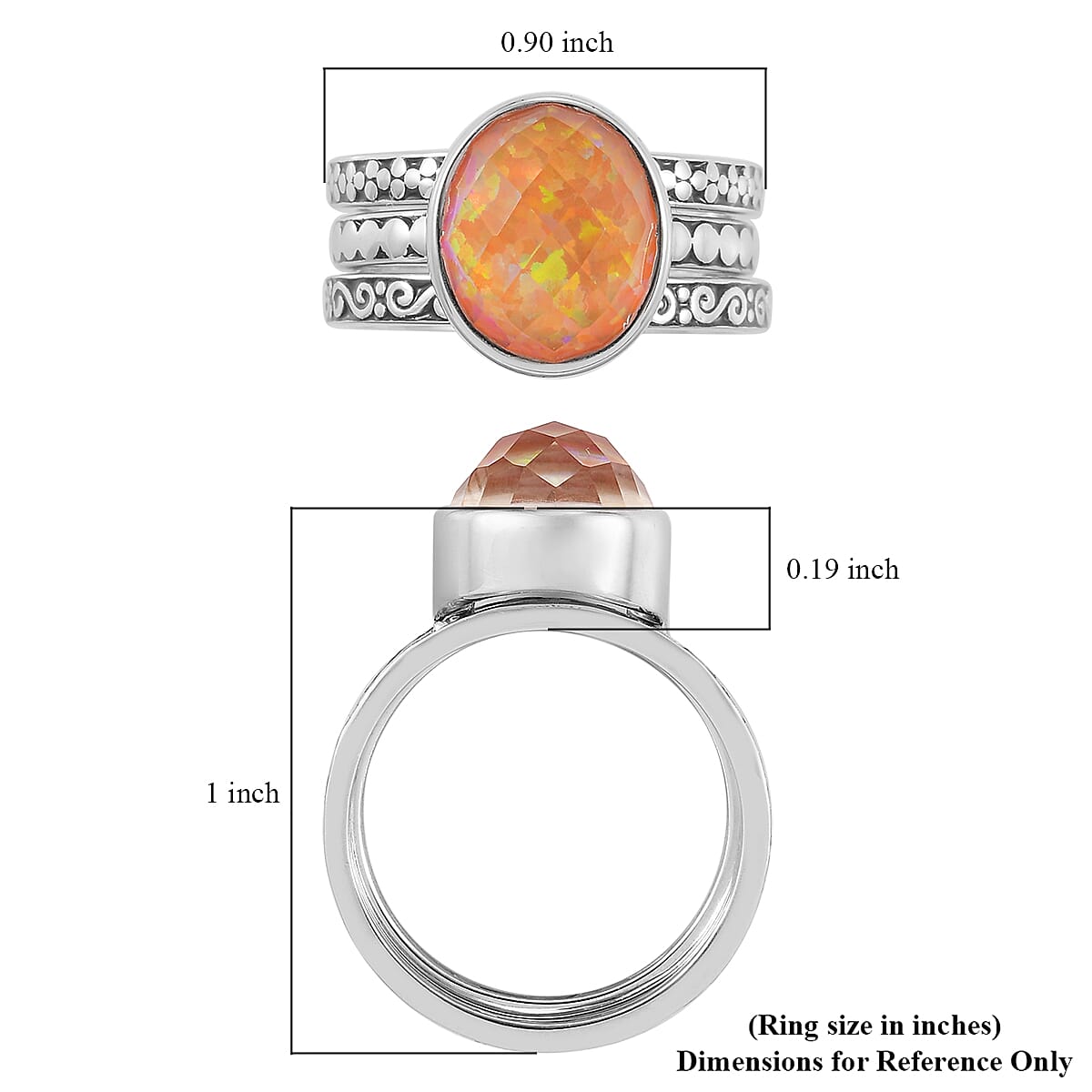 Sajen Silver Cultural Flair Collection - Set of 3 Quartz Doublet Simulated Opal Fire Ring in Rhodium Overlay Sterling Silver 3.10 Ct,  Silver Wt. 6.00 Gms
