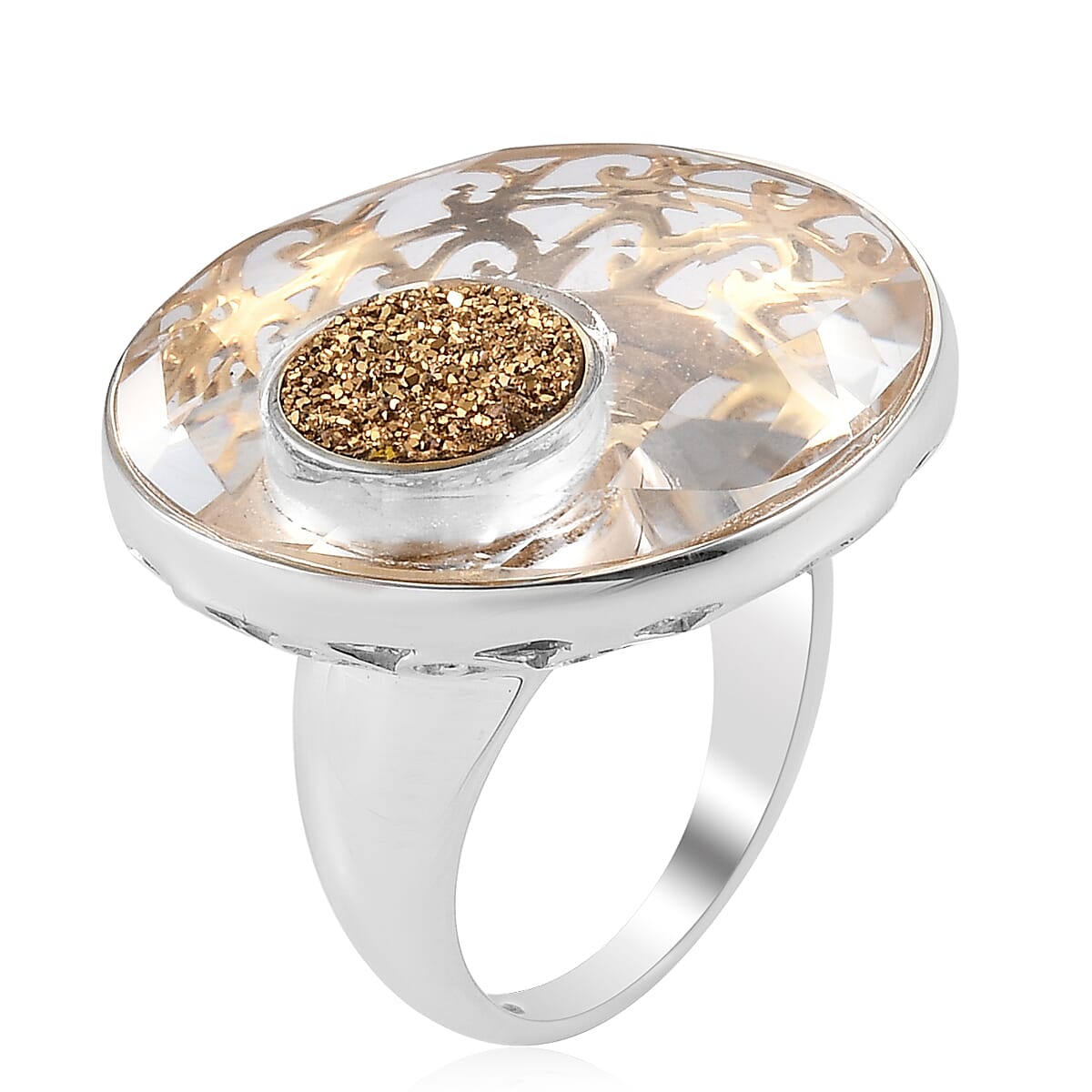Sajen Silver-Natural Crystal  Polo,Flat Drusy Gold  Ring in Rhodium and Gold Overlay Sterling Silver 33.45 Ct,  Sliver Wt. 7.2 Gms