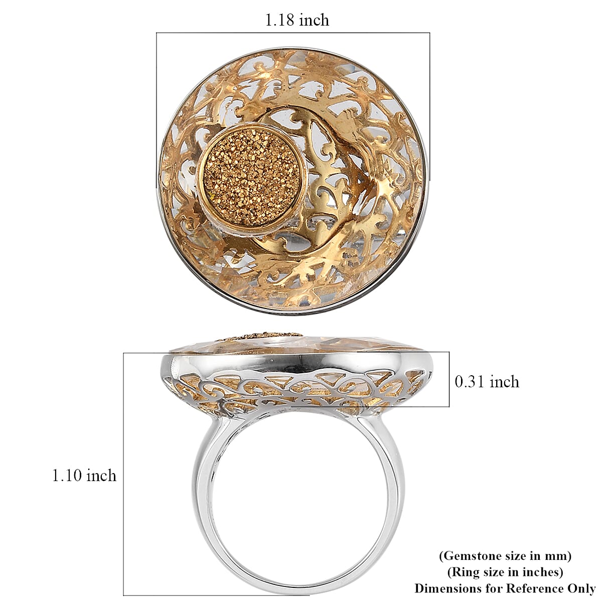 Sajen Silver-Natural Crystal  Polo,Flat Drusy Gold  Ring in Rhodium and Gold Overlay Sterling Silver 33.45 Ct,  Sliver Wt. 7.2 Gms