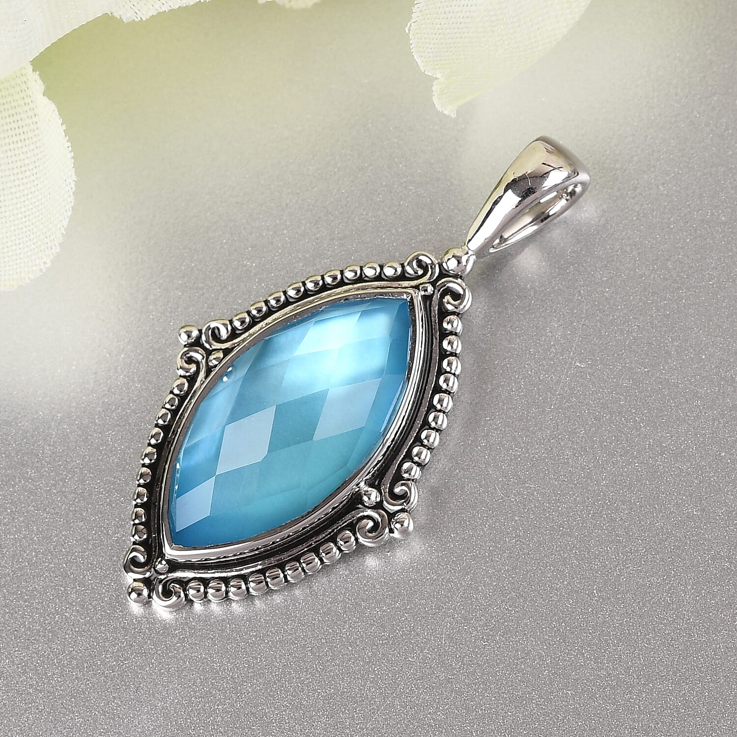 Sajen Silver ILLUMINATION COLLECTION - Quartz Doublet Celestial Mop Scuba Marquise Pendant in Rhodium Overlay Sterling Silver 6.25 Ct.