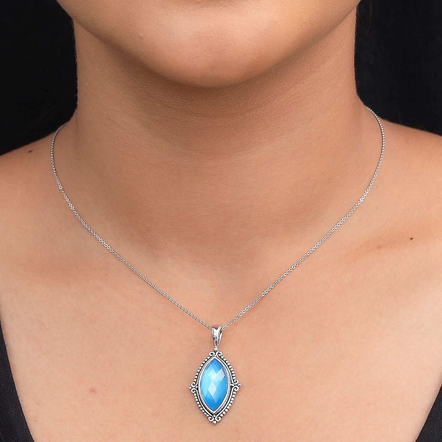 Sajen Silver ILLUMINATION COLLECTION - Quartz Doublet Celestial Mop Scuba Marquise Pendant in Rhodium Overlay Sterling Silver 6.25 Ct.
