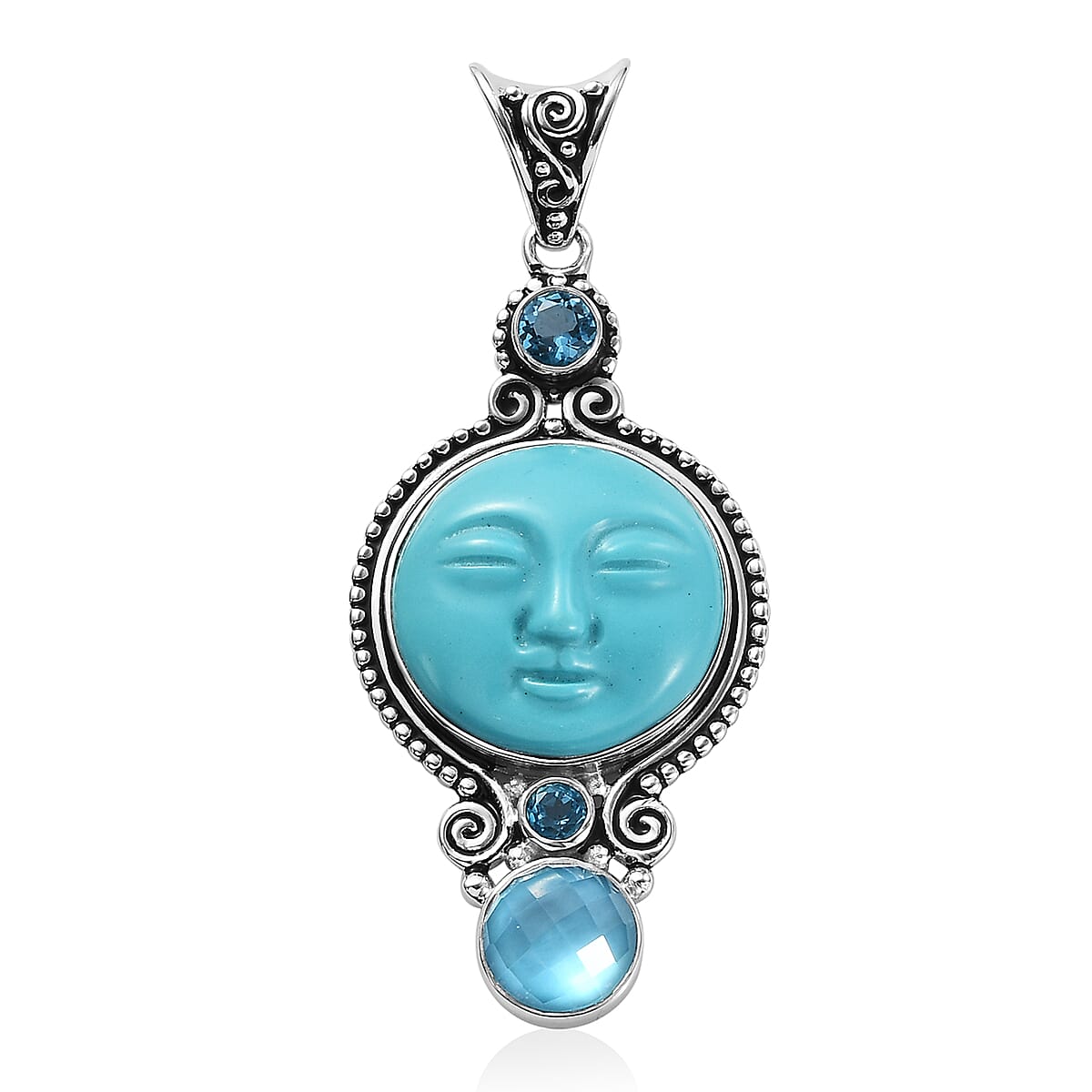 Sajen Silver BALI GODDESS COLLECTION - Quartz Doublet Celestial Pariba, Recon Tourquise & Multi Gemstone Pendant in Rhodium Overlay Sterling Silver 15.84 Ct.