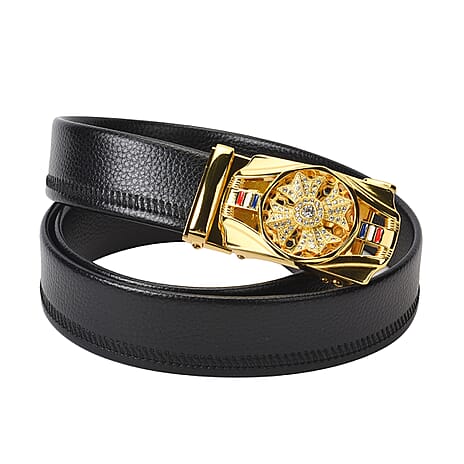 Genuine Leather Mens Belt with White Austrian Crystal and Enamelled in Gold Tone Buckle (Size-127x4Cm)