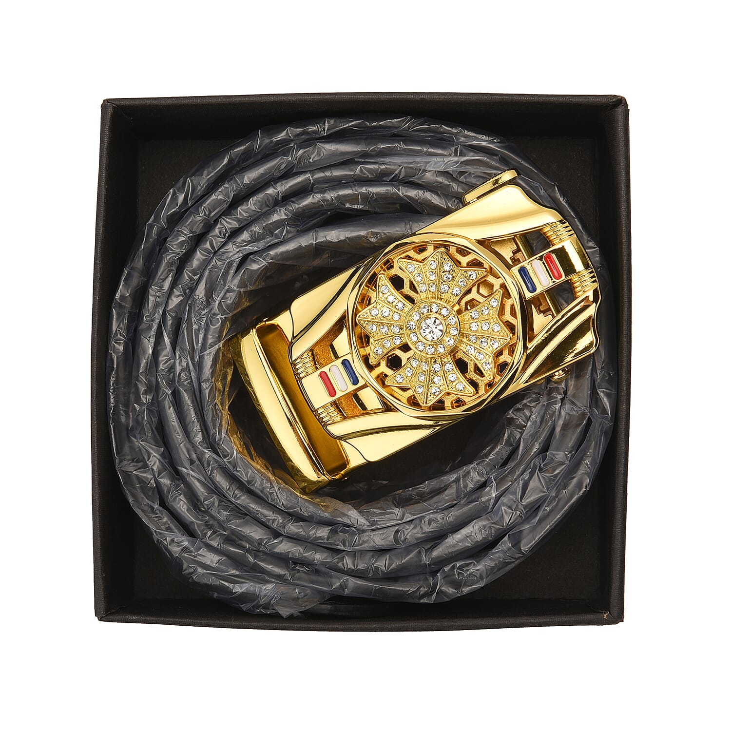 Genuine Leather Mens Belt with White Austrian Crystal and Enamelled in Gold Tone Buckle (Size-127x4Cm) Genuine Leather Mens Belt with White Austrian Crystal and Enamelled in Gold Tone Buckle (Size-127x4Cm)