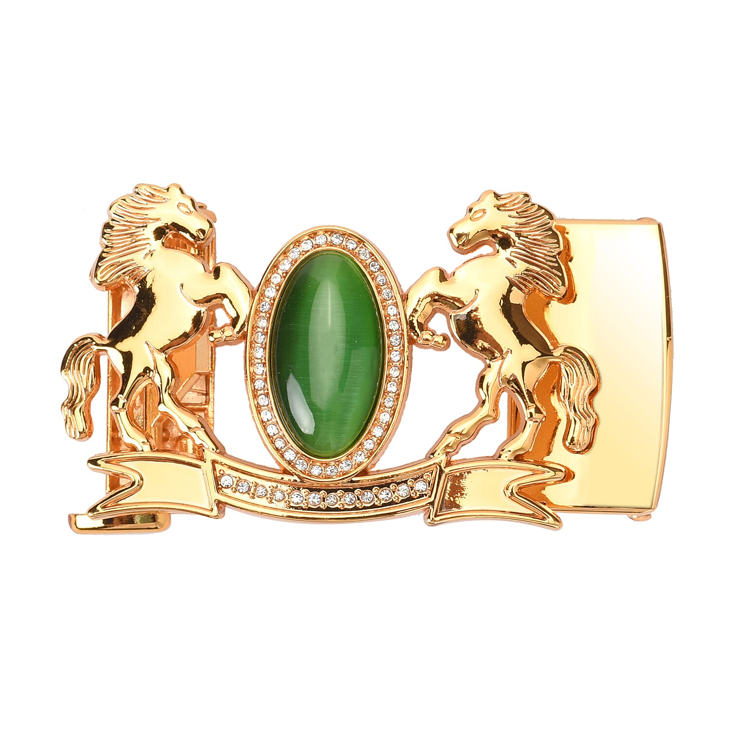 Genuine Leather Mens Belt with White Austrian Crystal and Simulated Green Cat Eye in Gold Tone Buckle (Size:127x4Cm)