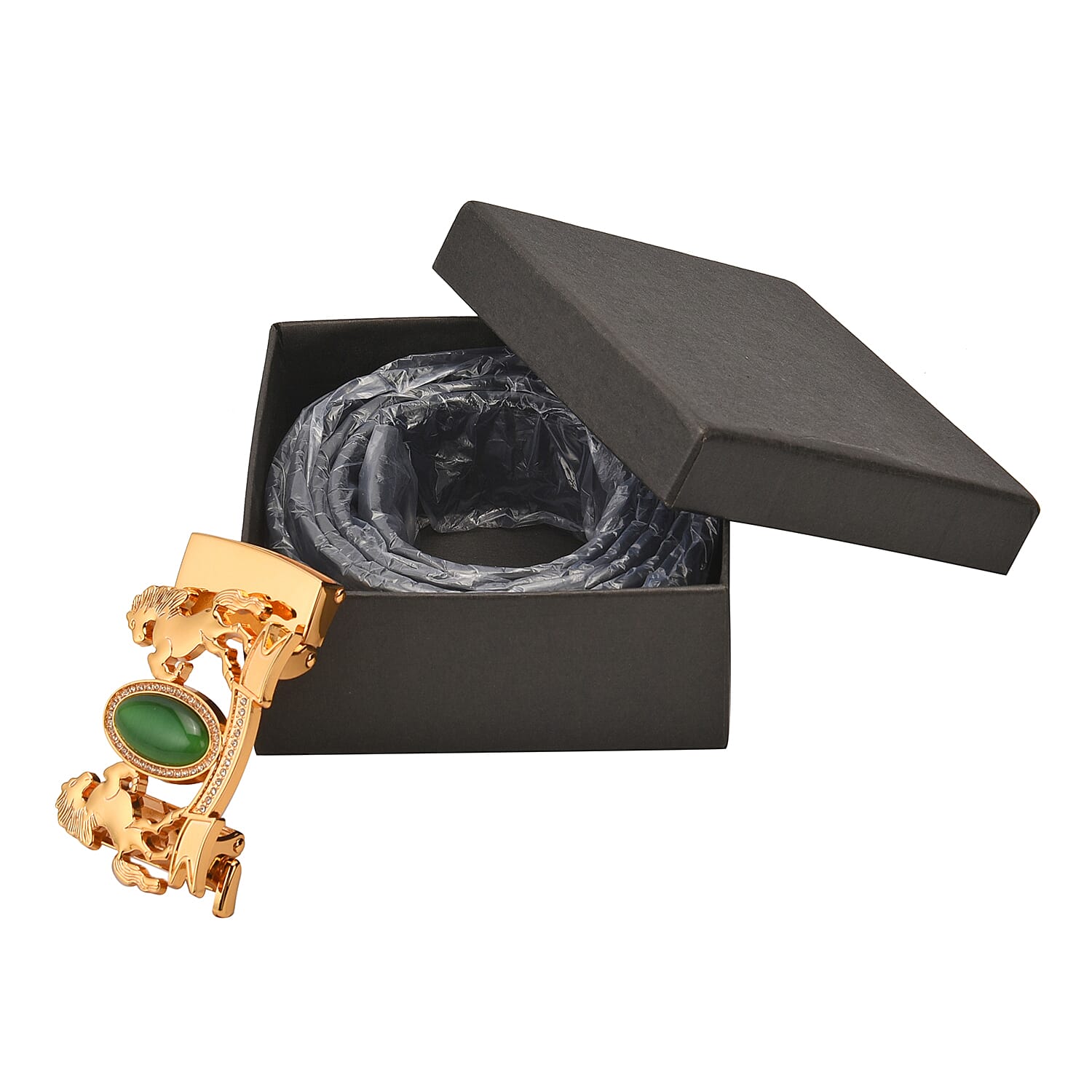 Genuine Leather Mens Belt with White Austrian Crystal and Simulated Green Cat Eye in Gold Tone Buckle (Size:127x4Cm)