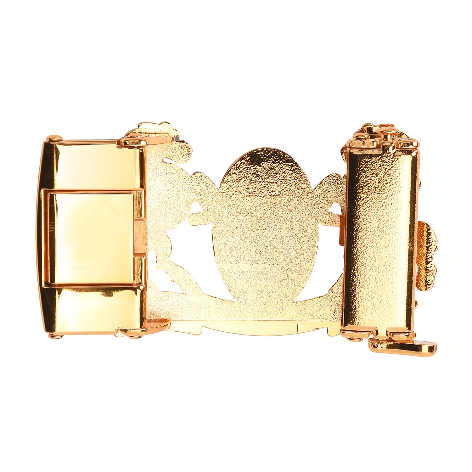 Genuine Leather Mens Belt with White Austrian Crystal and Simulated Green Cat Eye in Gold Tone Buckle (Size:127x4Cm)