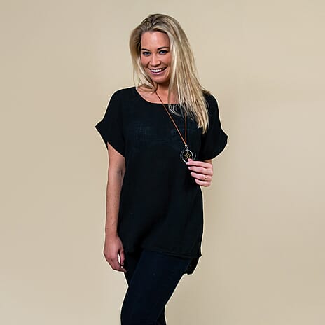 TAMSY High Low Scoop Neck Linen Top With Free Necklace (Fits Size 8-16 ) - Black