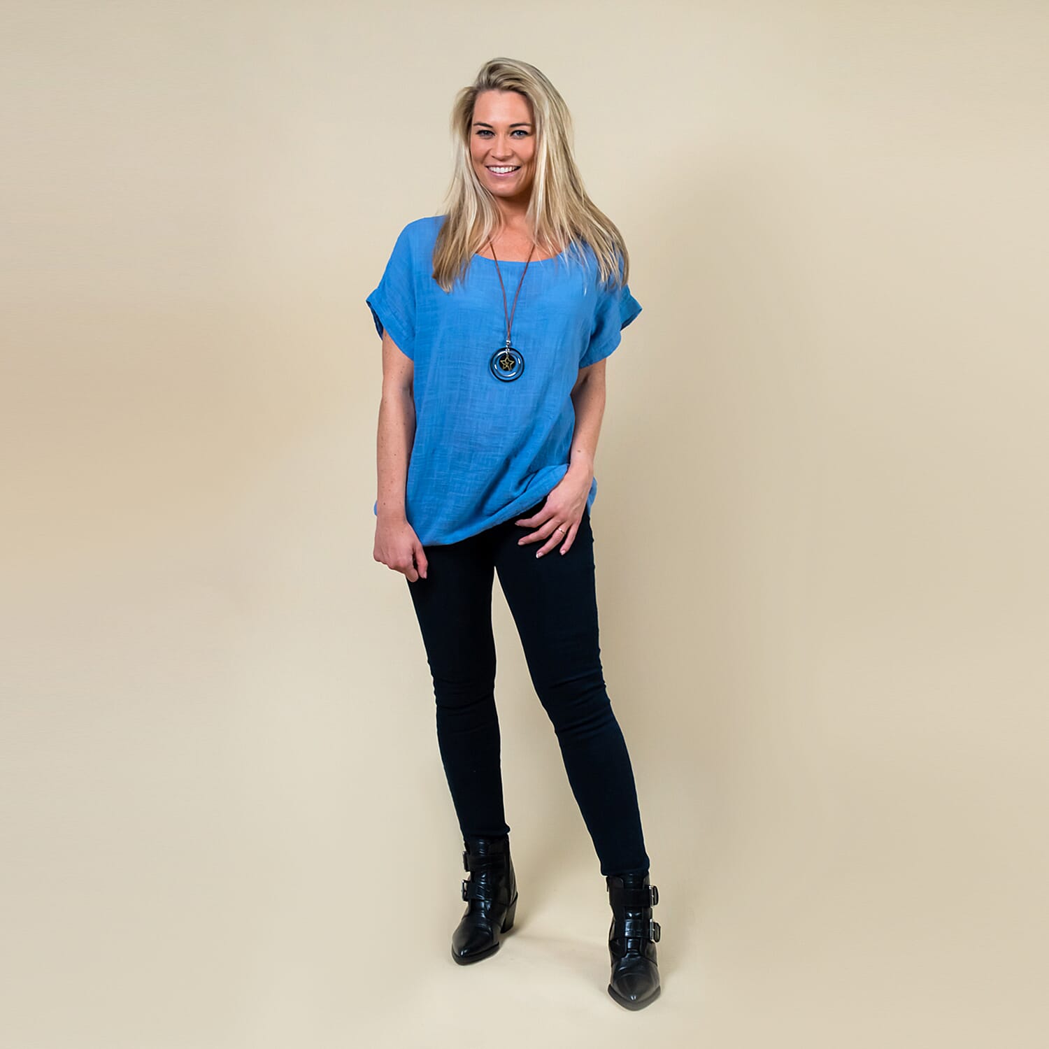 TAMSY High Low Scoop Neck Linen Top With 30 Inch Necklace (Size 8-16 ) - Denim Blue