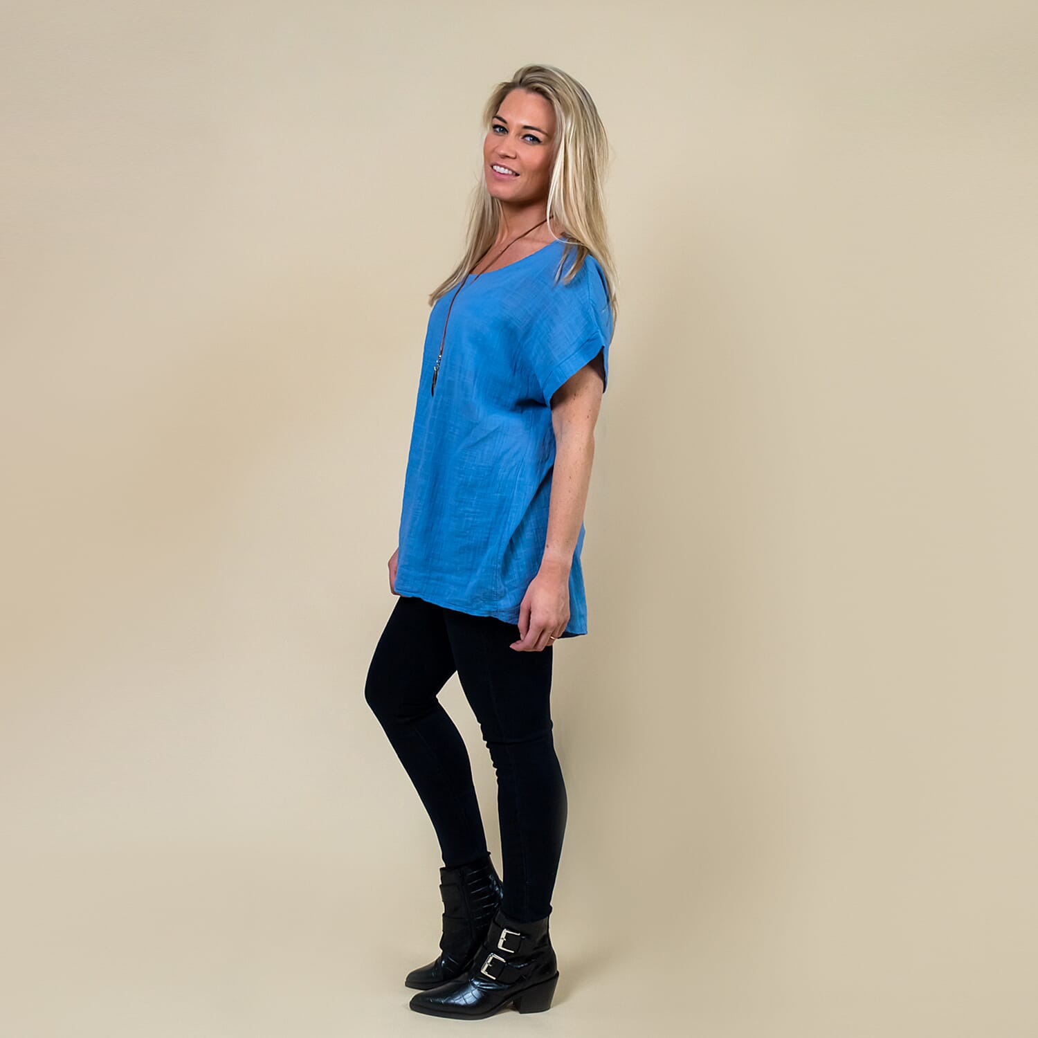 TAMSY High Low Scoop Neck Linen Top With 30 Inch Necklace (Size 8-16 ) - Denim Blue