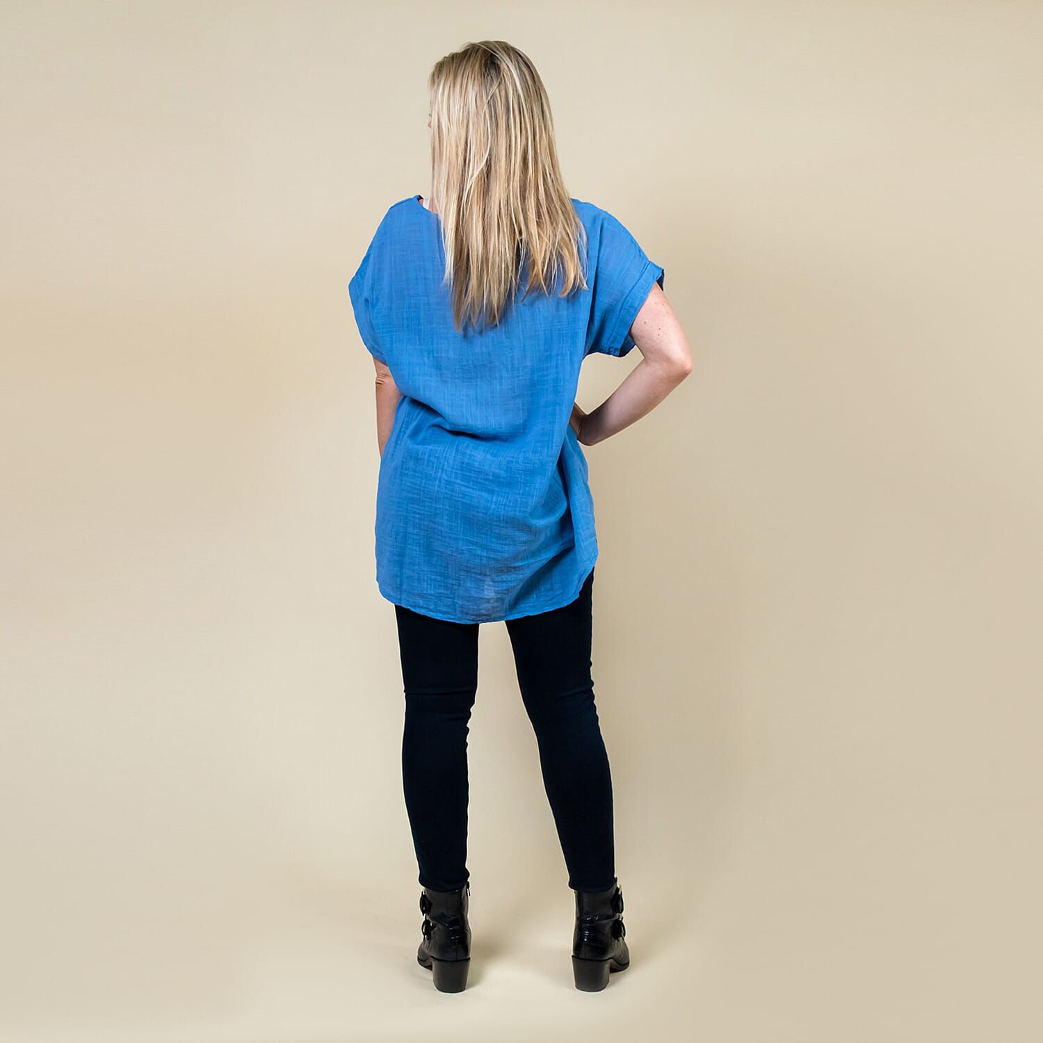 TAMSY High Low Scoop Neck Linen Top With 30 Inch Necklace (Size 8-16 ) - Denim Blue