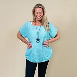 TAMSY High Low Scoop Neck Linen Top With 30 Inch Necklace (Fits Size 8-16) - Mint Blue