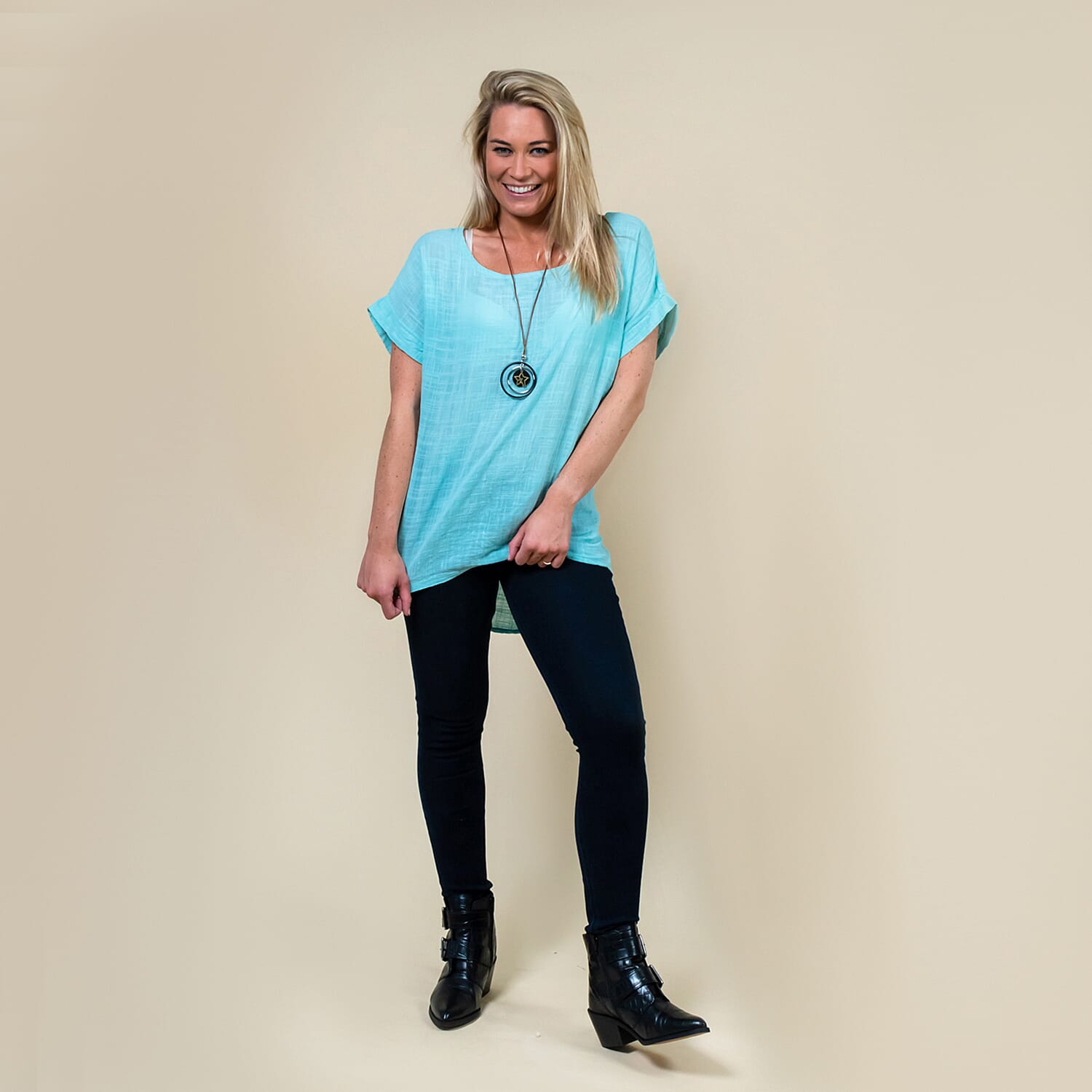 TAMSY High Low Scoop Neck Linen Top With 30 Inch Necklace (Fits Size 8-16) - Mint Blue