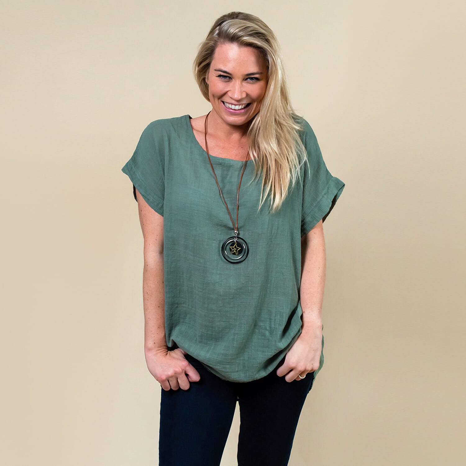 TAMSY High Low Scoop Neck Linen Top With 30 Inch Necklace (Fits Size 8-16) - Khaki