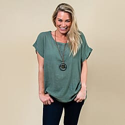 TAMSY High Low Scoop Neck Linen Top With 30 Inch Necklace (Fits Size 8-16) - Khaki