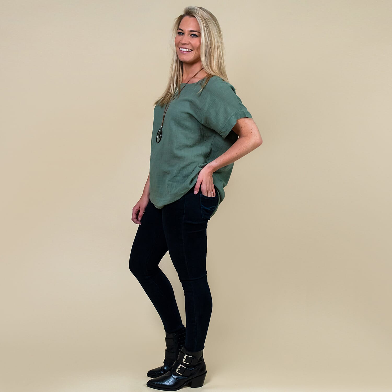 TAMSY High Low Scoop Neck Linen Top With 30 Inch Necklace (Fits Size 8-16) - Khaki