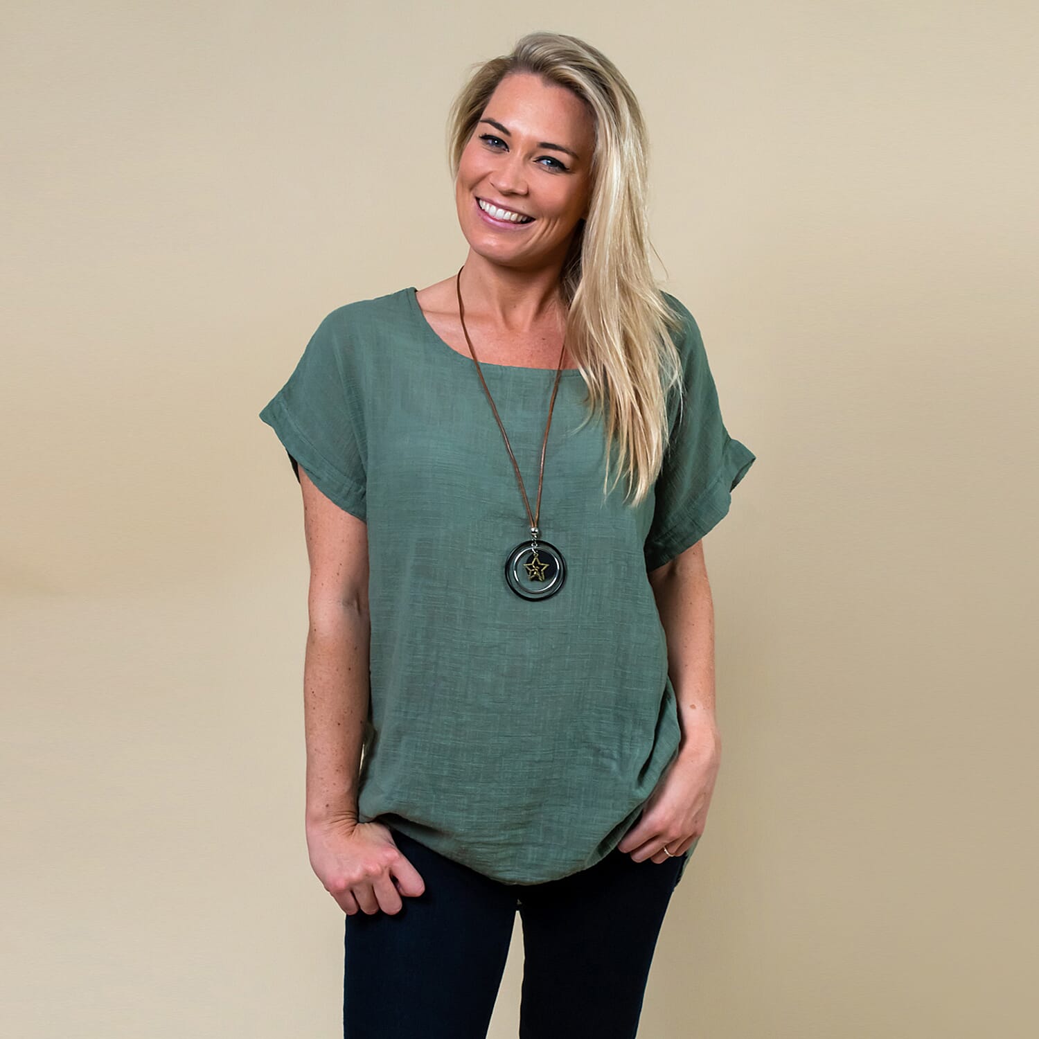 TAMSY High Low Scoop Neck Linen Top With 30 Inch Necklace (Fits Size 8-16) - Khaki