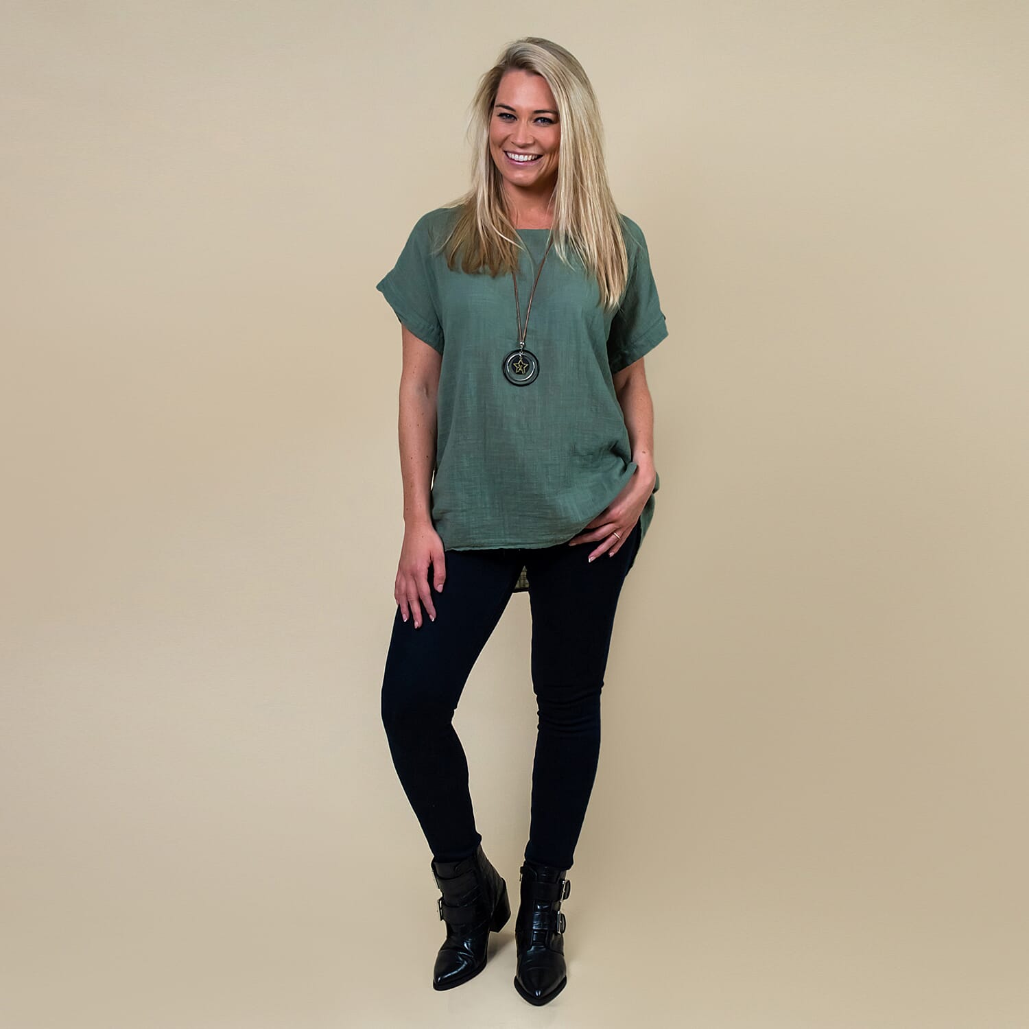 TAMSY High Low Scoop Neck Linen Top With 30 Inch Necklace (Fits Size 8-16) - Khaki