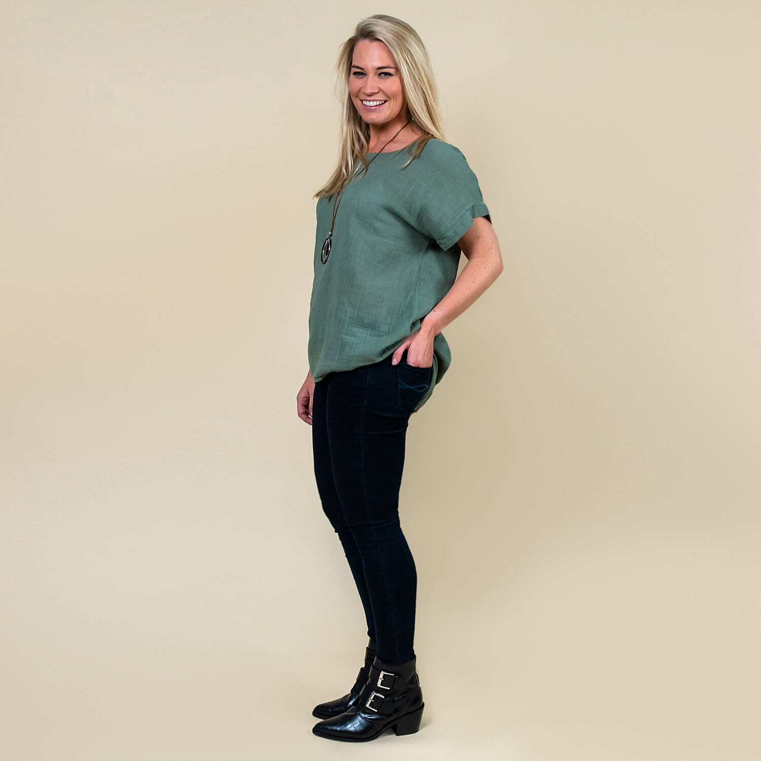 TAMSY High Low Scoop Neck Linen Top With 30 Inch Necklace (Fits Size 8-16) - Khaki