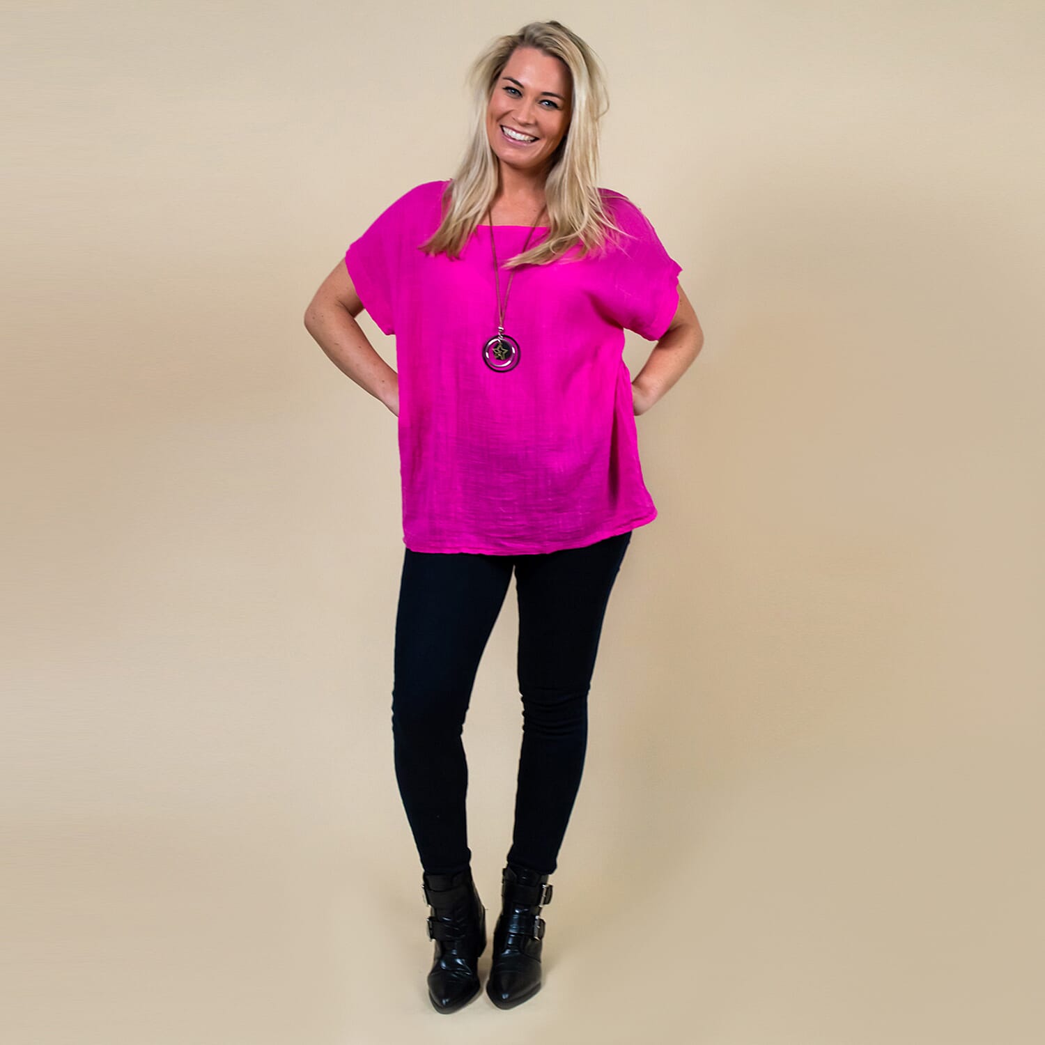 TAMSY High Low Scoop Neck Linen Top With 30 Inch Necklace (Fits Size 8-16) - Hot Pink